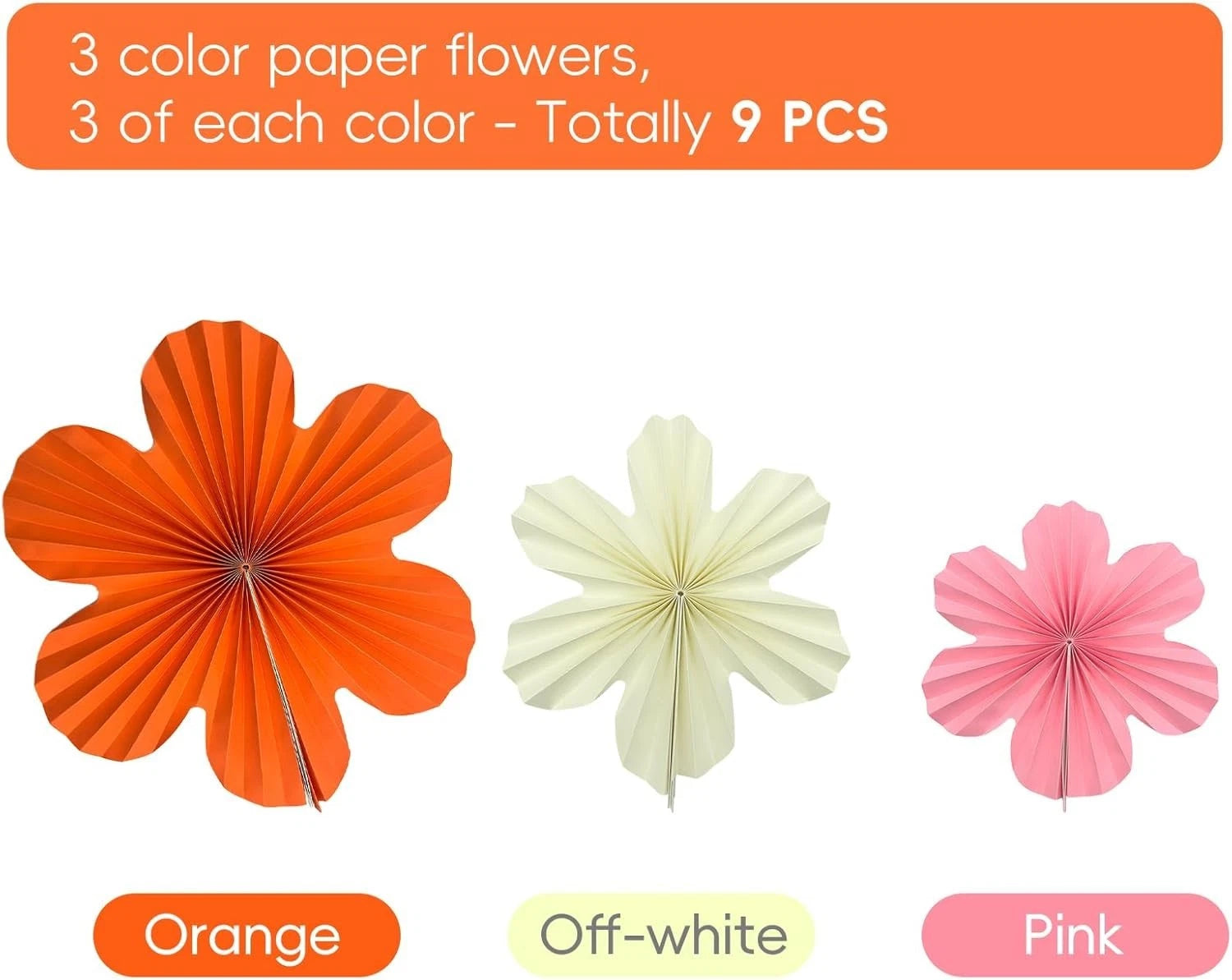 Zueyen 9PCS Paper Flowers Decorations for Wall- Orange, Pink & Off White