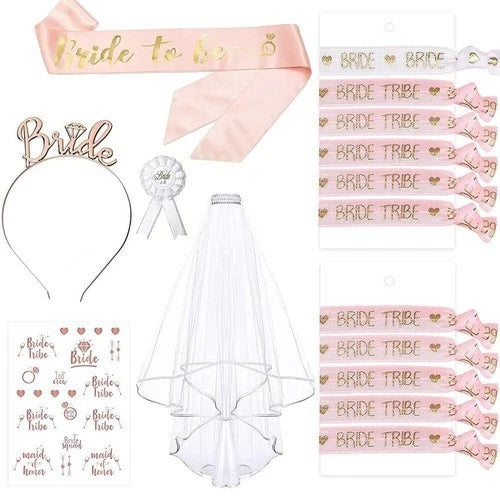 16pc Bridal Shower Bachelorette Party Decoration Bride To Be Sash Veil Tiara Set